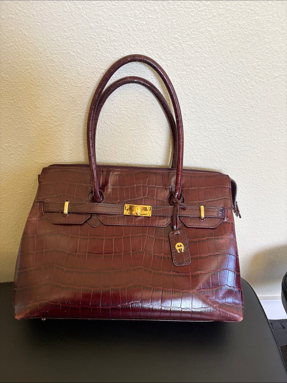 Etienne Aigner Burgundy Crocodile Embossed Leather Shoulder bag